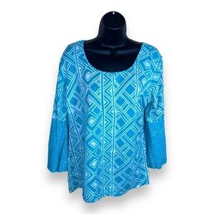 XL SANTIKI TEAL BLUE WHITE BELL SLEEVE BLOUSE TOP STRETCH PULLOVER